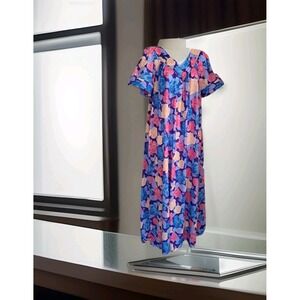 Katz House Dress XL Blue Floral Maxi Kaftan MuMu One Pocket Casual Popover